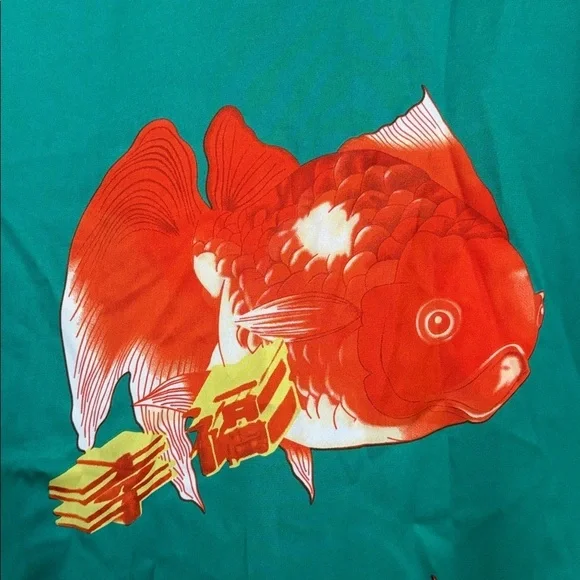 NIP Colorful Teal Orange Gold Fish Print Button Pointed 70s Style Retro Blouse S - Picture 10 of 11